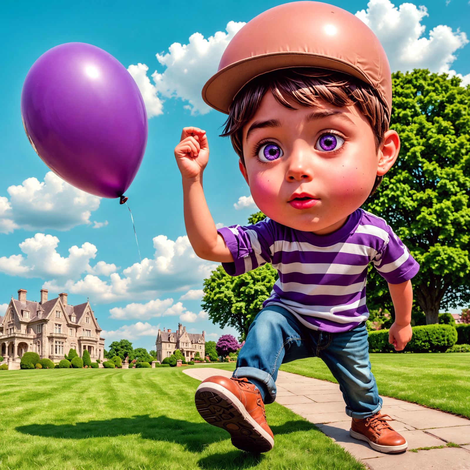 Boy Plays with Purple Balloon in Front of Elegant Mansion