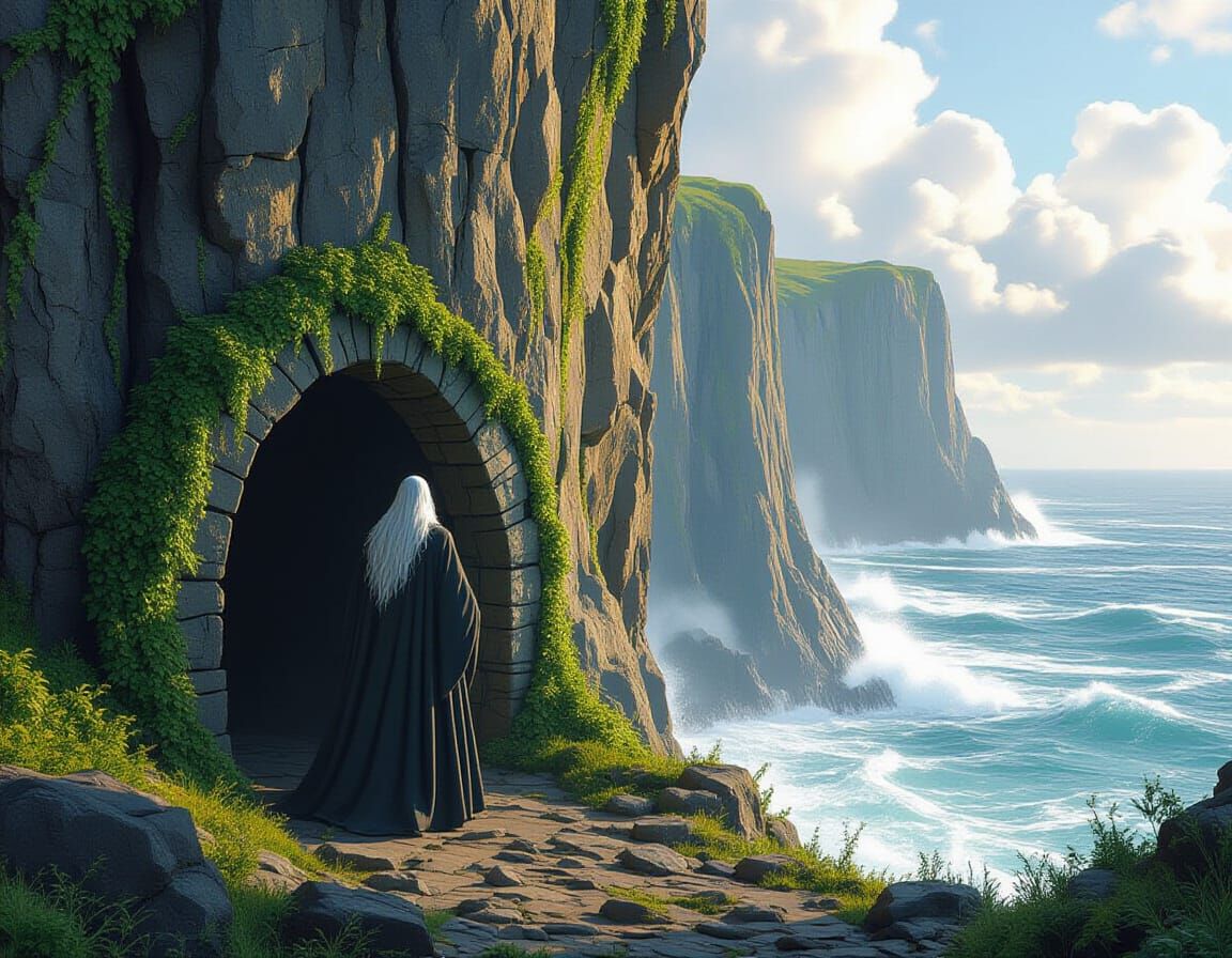 Wizard on Cliffside Cave Overlooking Raging Ocean