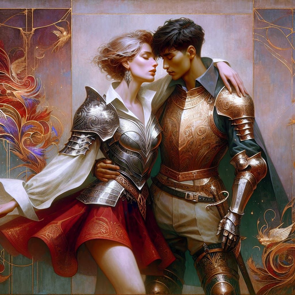 Armored Knight Embraces Squire in Fantasy Realm