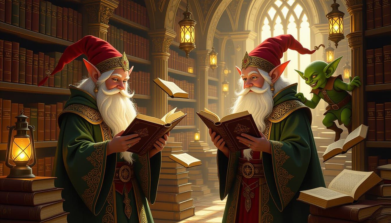 Mystical Library Scene with Elves Reading