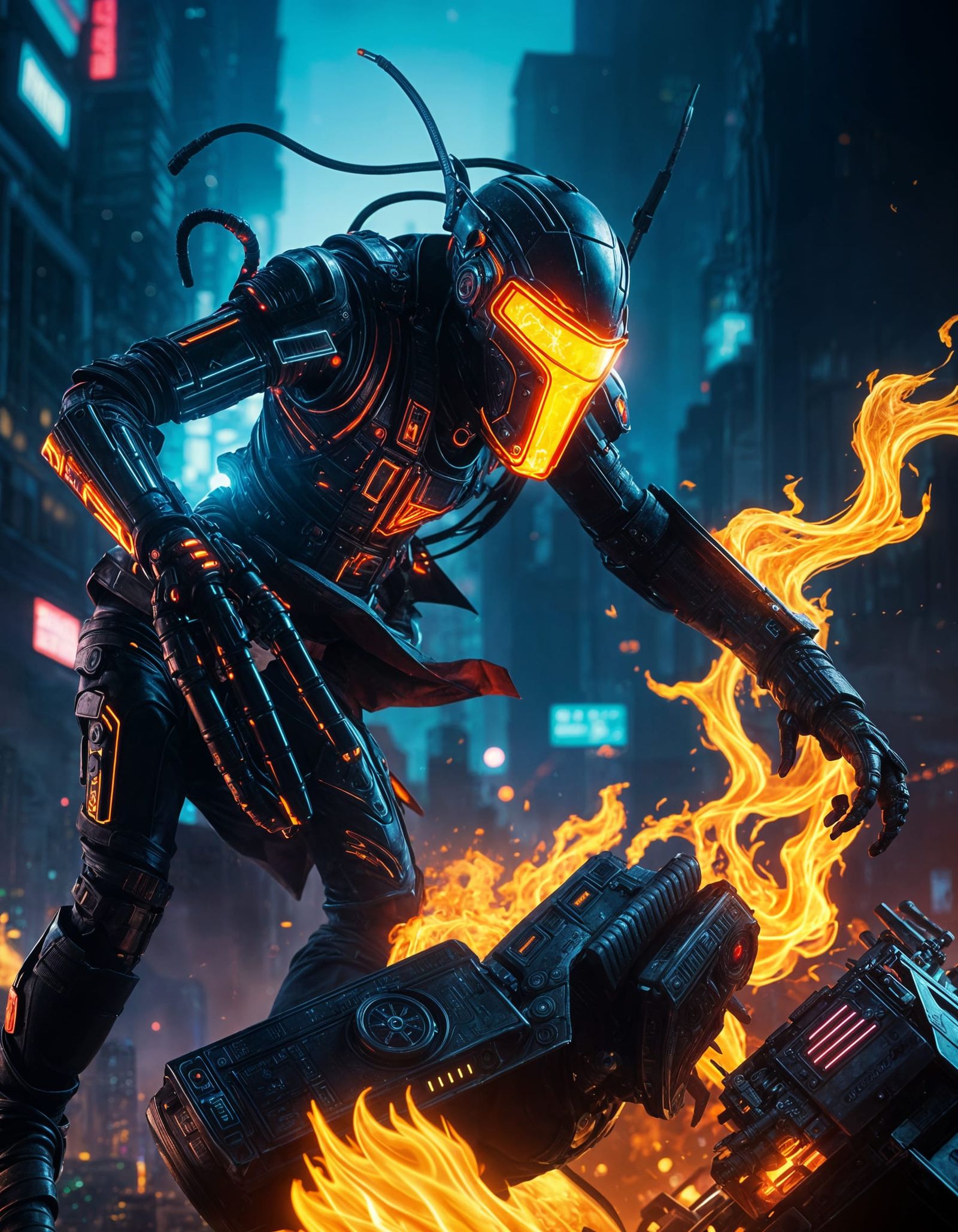 Cyberpunk Pyromancer Amidst Neon Cityscape