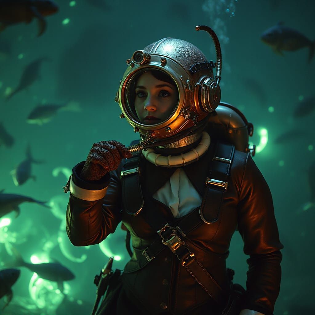 Victorian Diver Exploring Deep Sea with Bioluminescence
