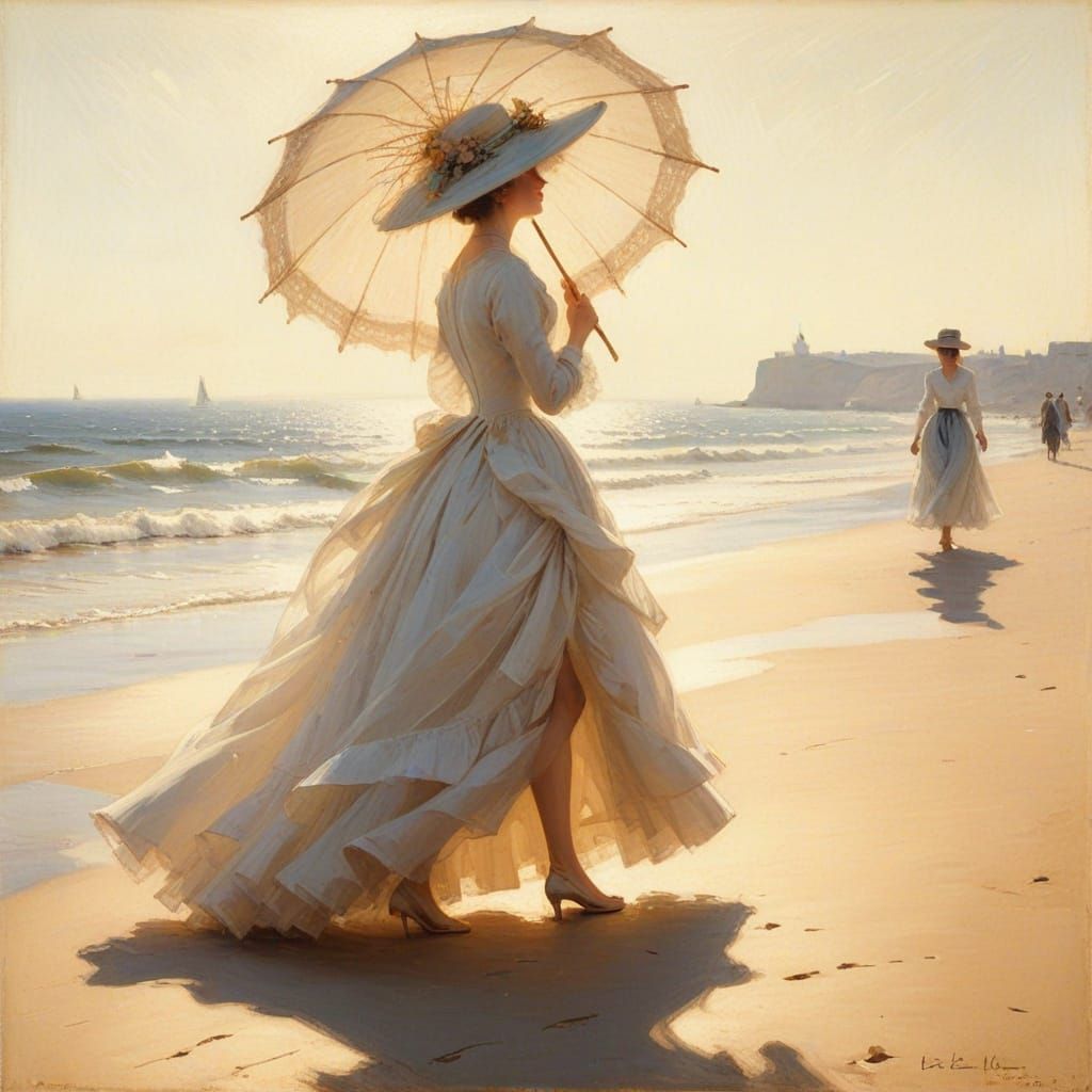 Elegant Women Stroll Along Impressionist Seaside Promenade