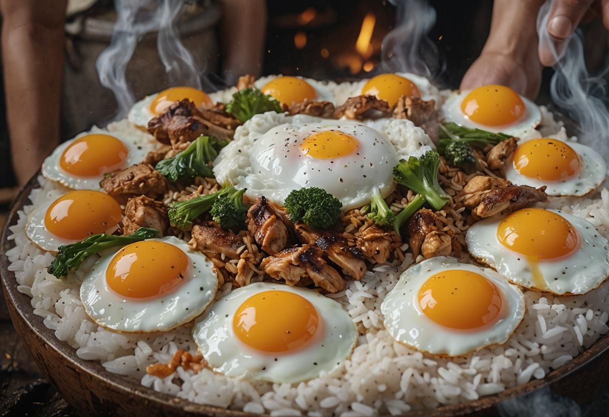 Delicious Rice, Chicken, and Eggs in Detailed Matte Painting