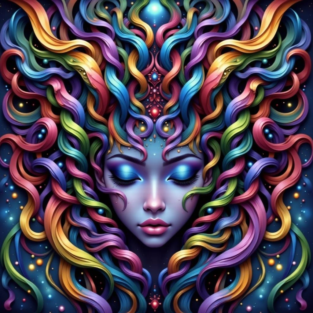 Lilith's Serene Face in Rainbow Braids Dreamscape