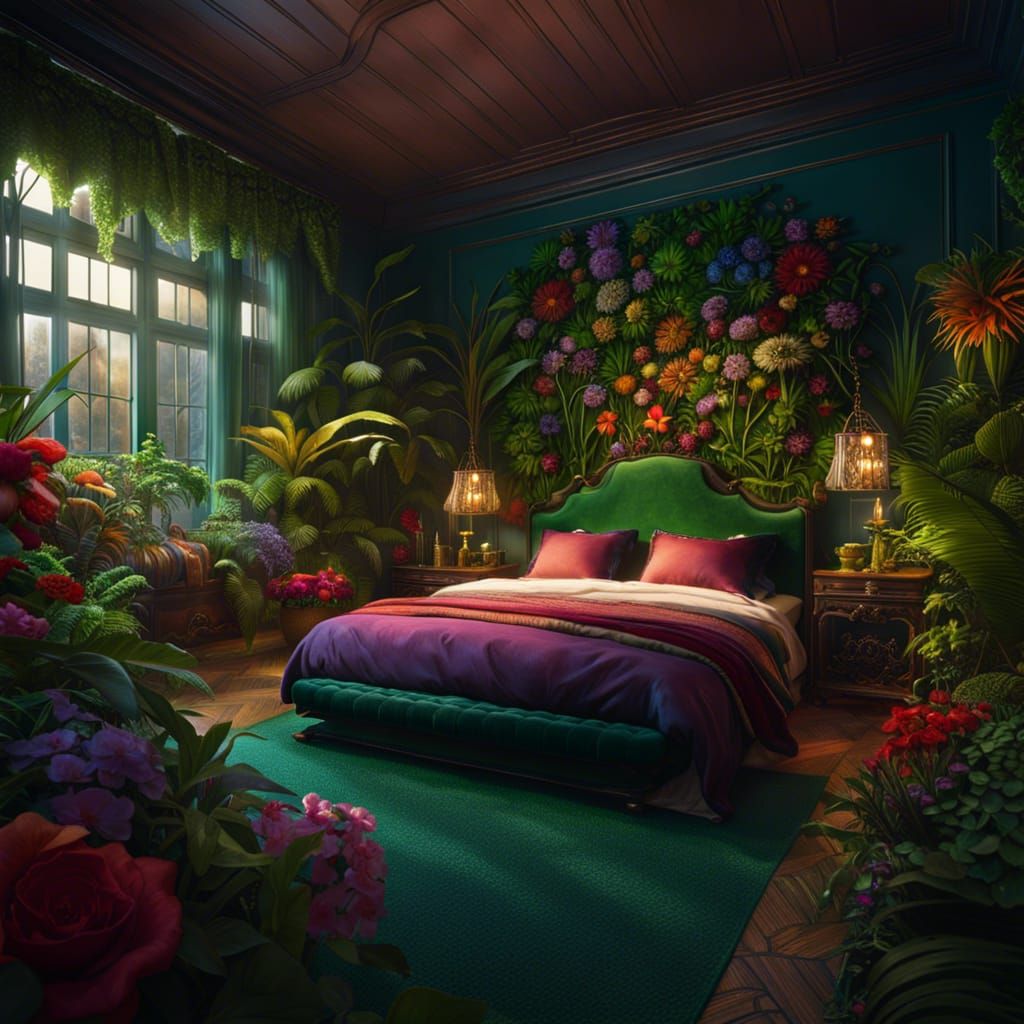 Lush Bedroom with Green Plants and Colorful Flowers
