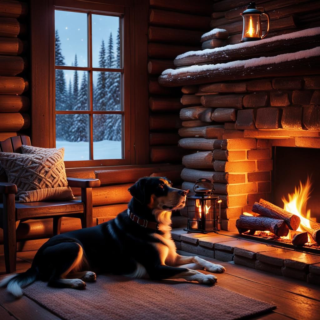 Cozy Winter Cabin Scene with Fireplace and Dog