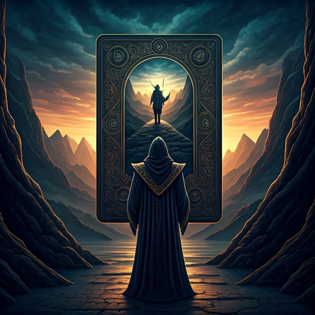 Mystical Magus in Recursive Fantasy Tarot Landscape
