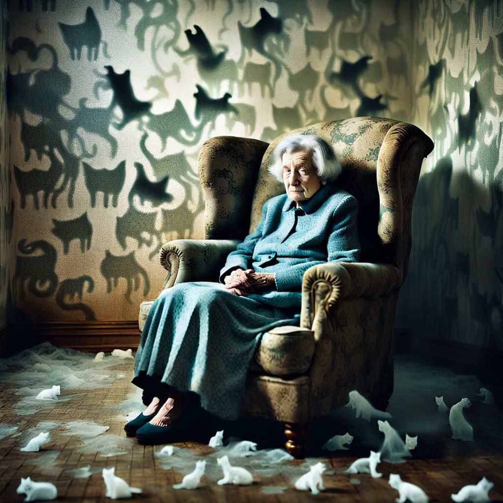 Melancholy Woman with Ghost Cats in Ceccoli Style