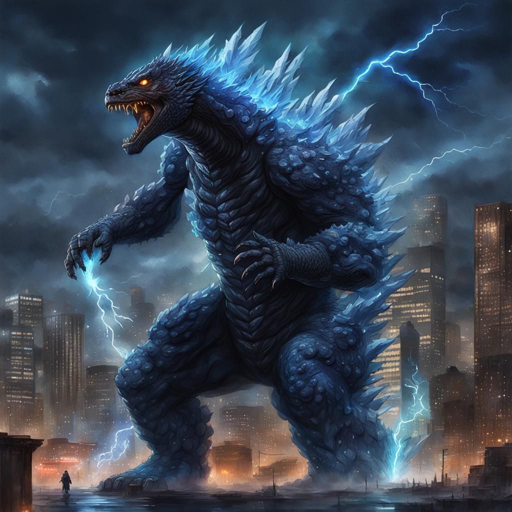 Godzilla Unleashes Blue Lightning in Dark City