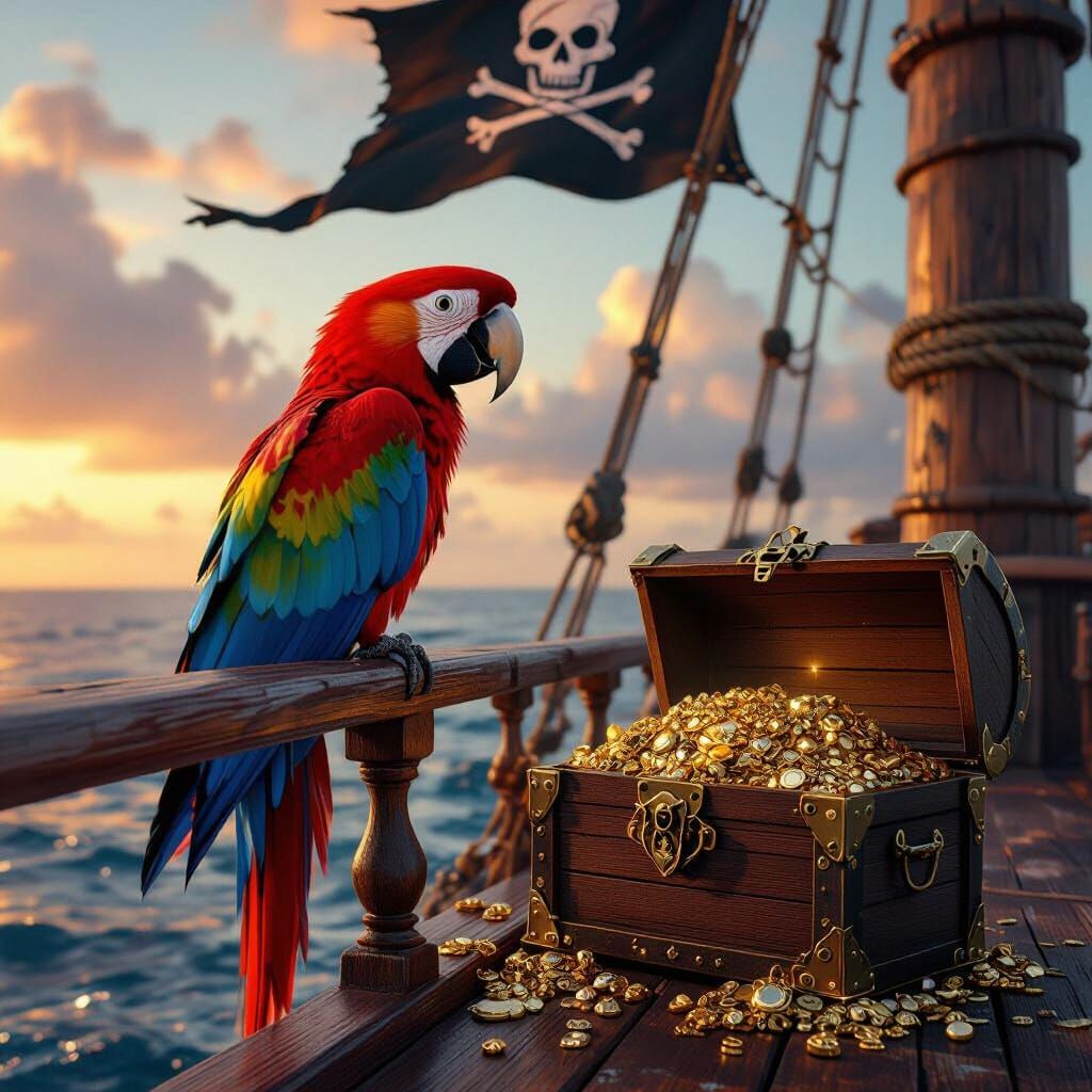 Red Macaw Pirate Captain on Ship with Treasure