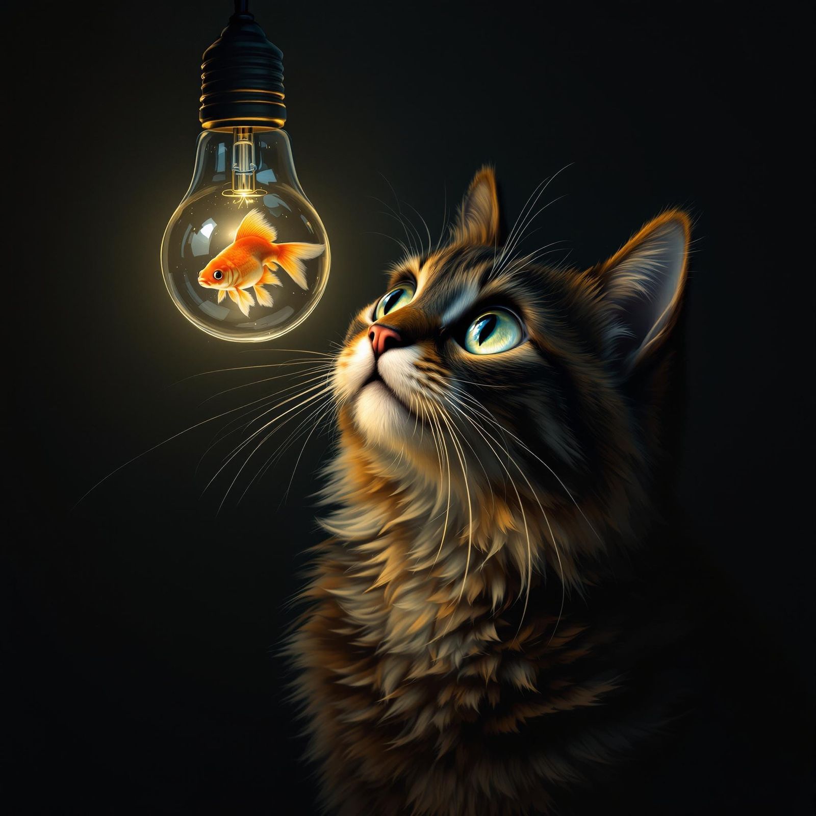Dreamy Cat Stares at Goldfish Lightbulb in Chiaroscuro