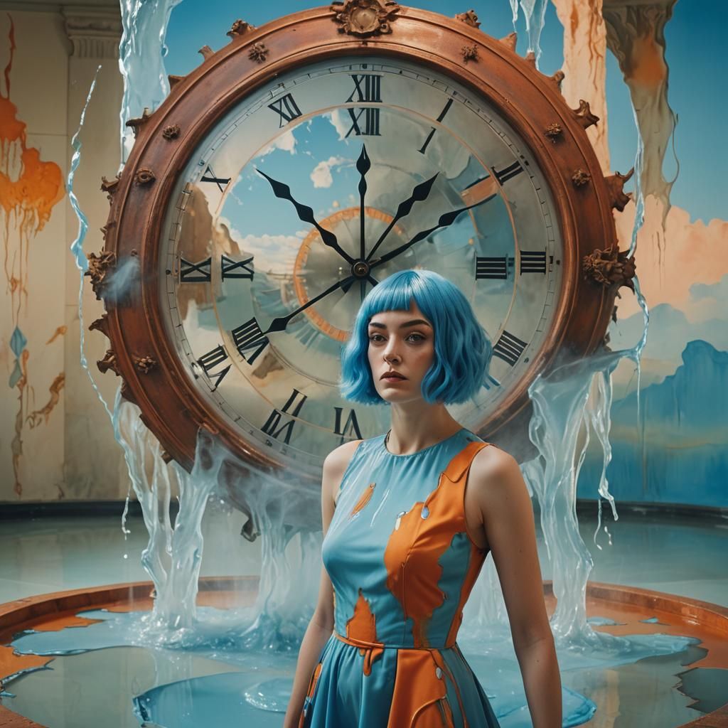 Surreal Woman with Melting Clock, a Dreamlike Scene