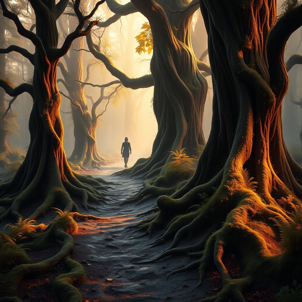 Mystical Forest Sanctuary with Barefoot Wanderer