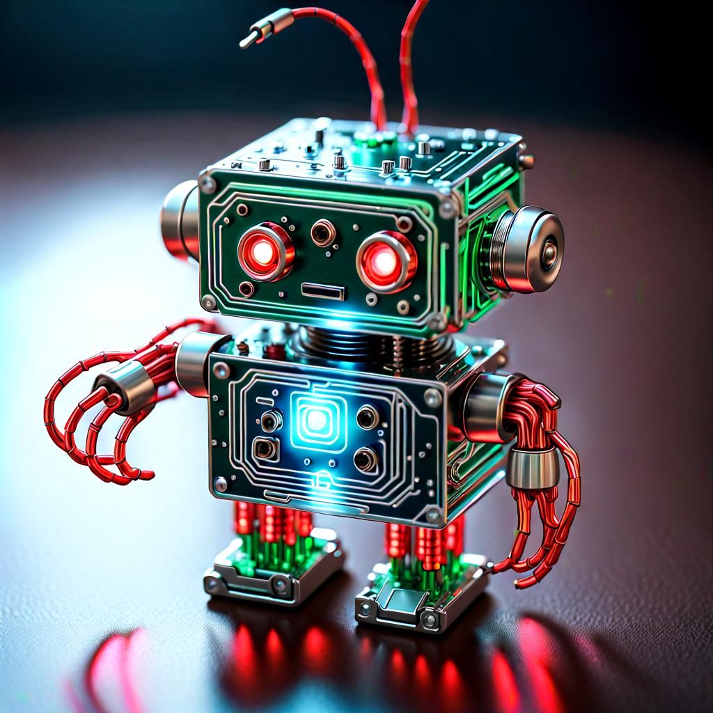 Cute Cyberpunk Robot with Crystal Glass and Glowing Circuits