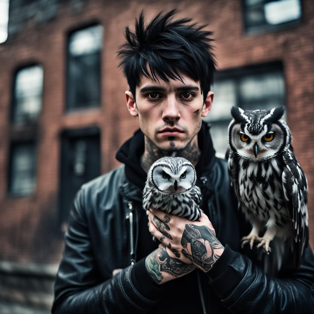 Gothic Man with Owl in New York: Realistic Photography