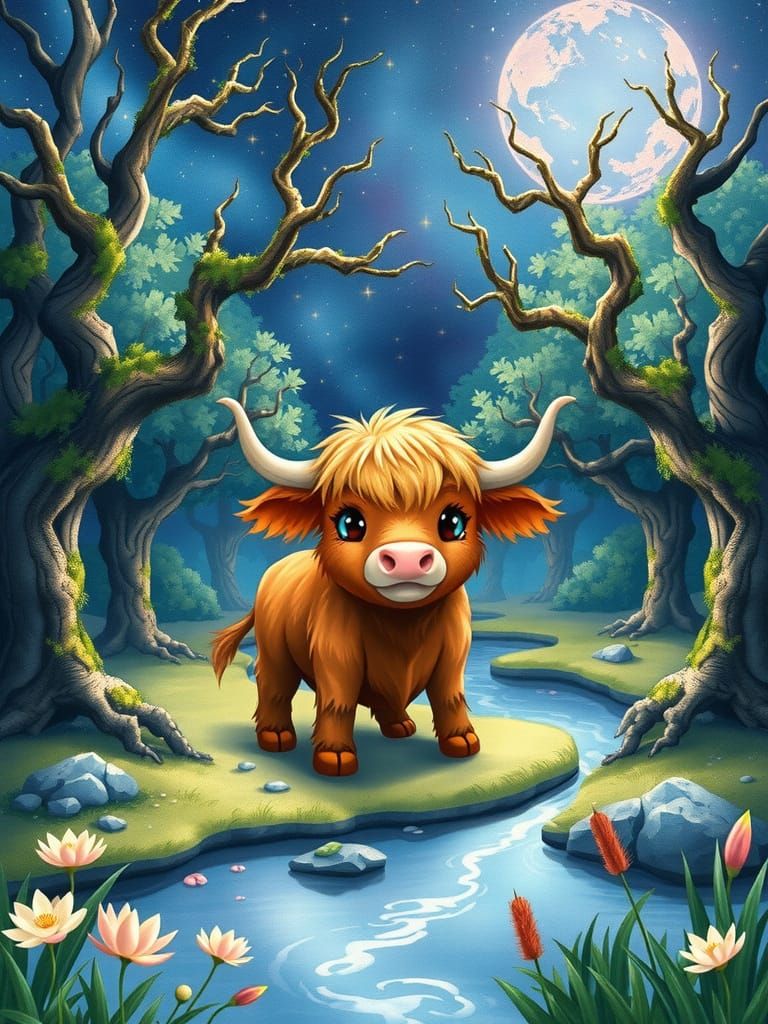 A chibi Highland cow with velvety, plush fur and adorable, large eyes, stands poised in a sun-dappled clearing, surround...