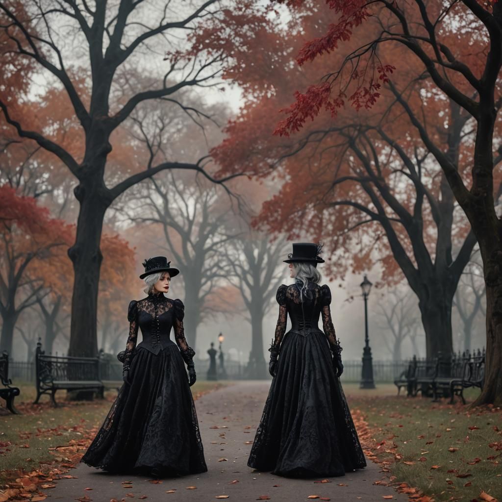 Grey Haired Woman in Black Lace Dress in Park