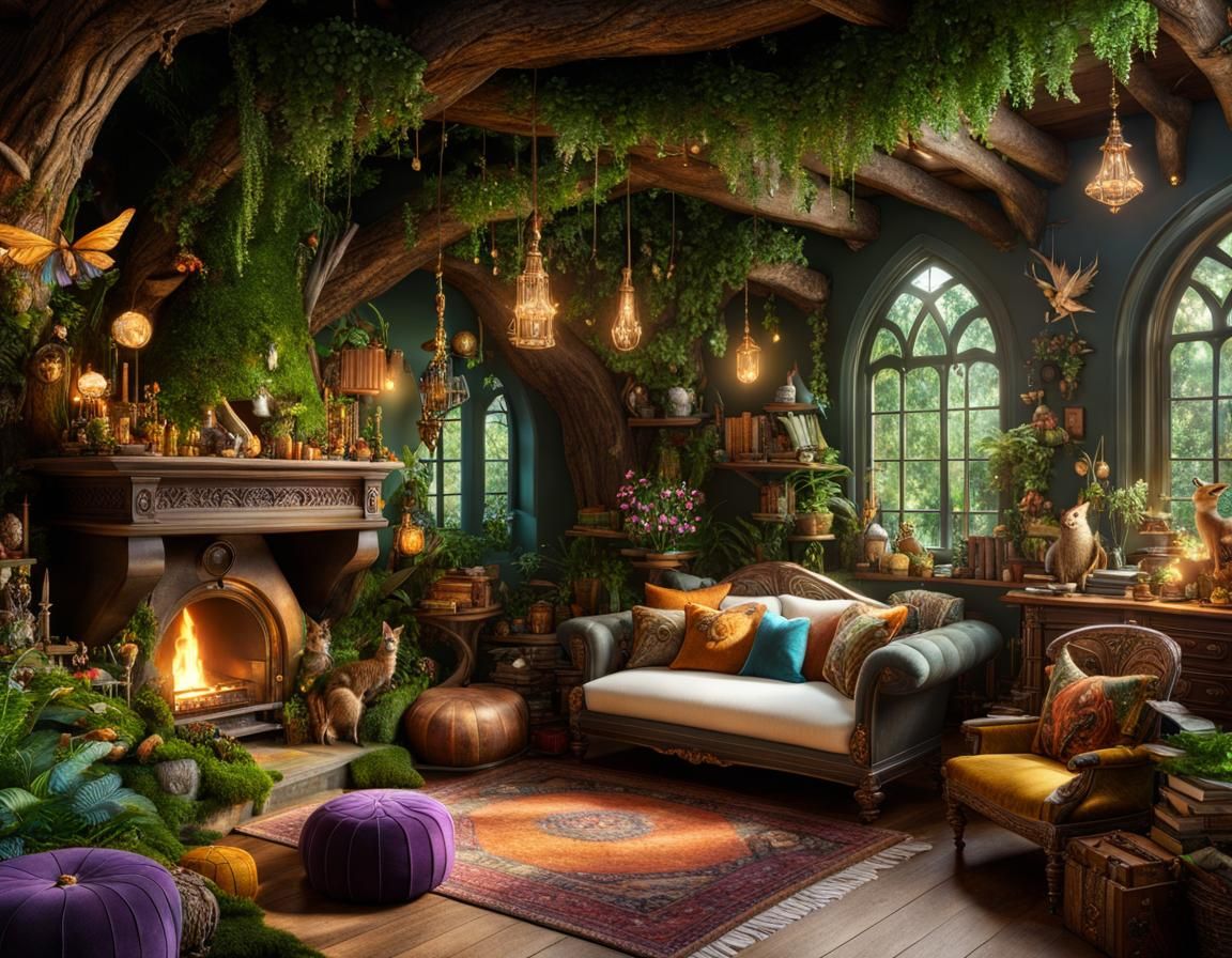Detailed Cozy Fantasy Scene of Faeries and Wizards