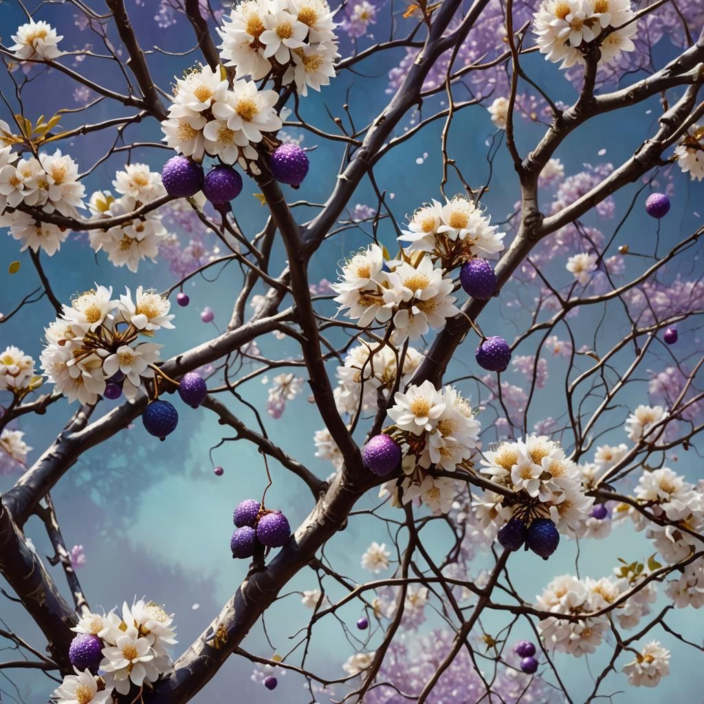 Surreal Purple Lychees on a White Tree