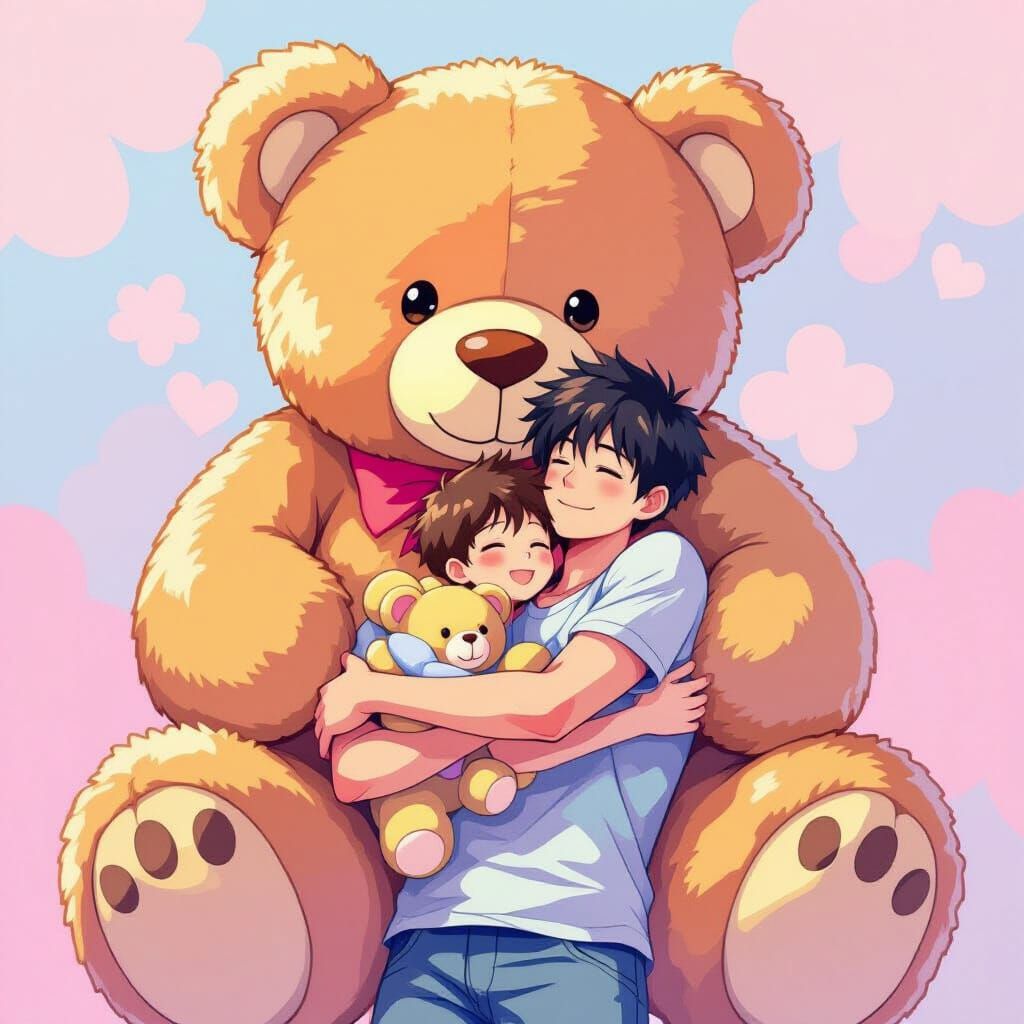 Anime Man with Teddy Bear in Pastel Colors
