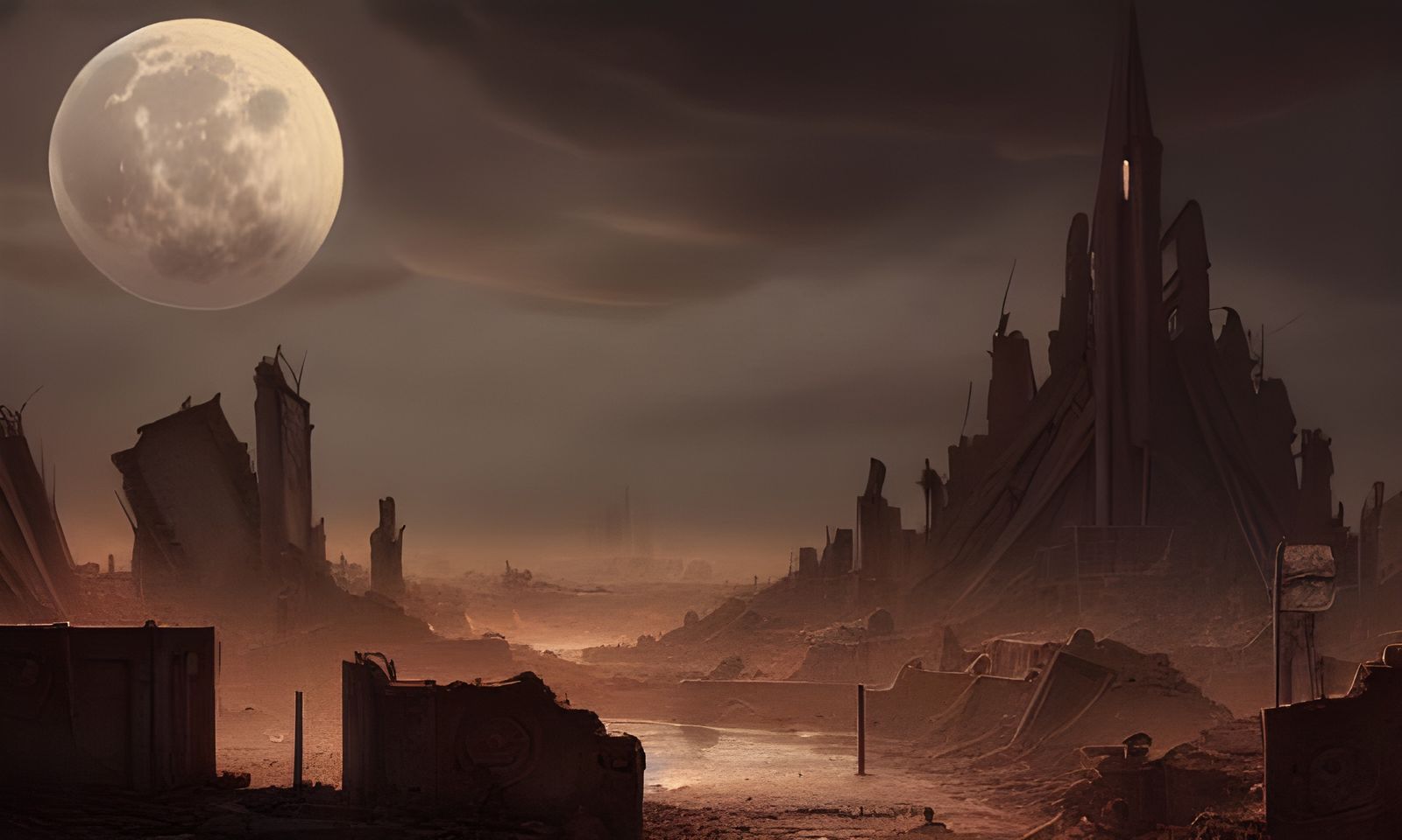 Dystopian Ruined City at Night: Matte Painting