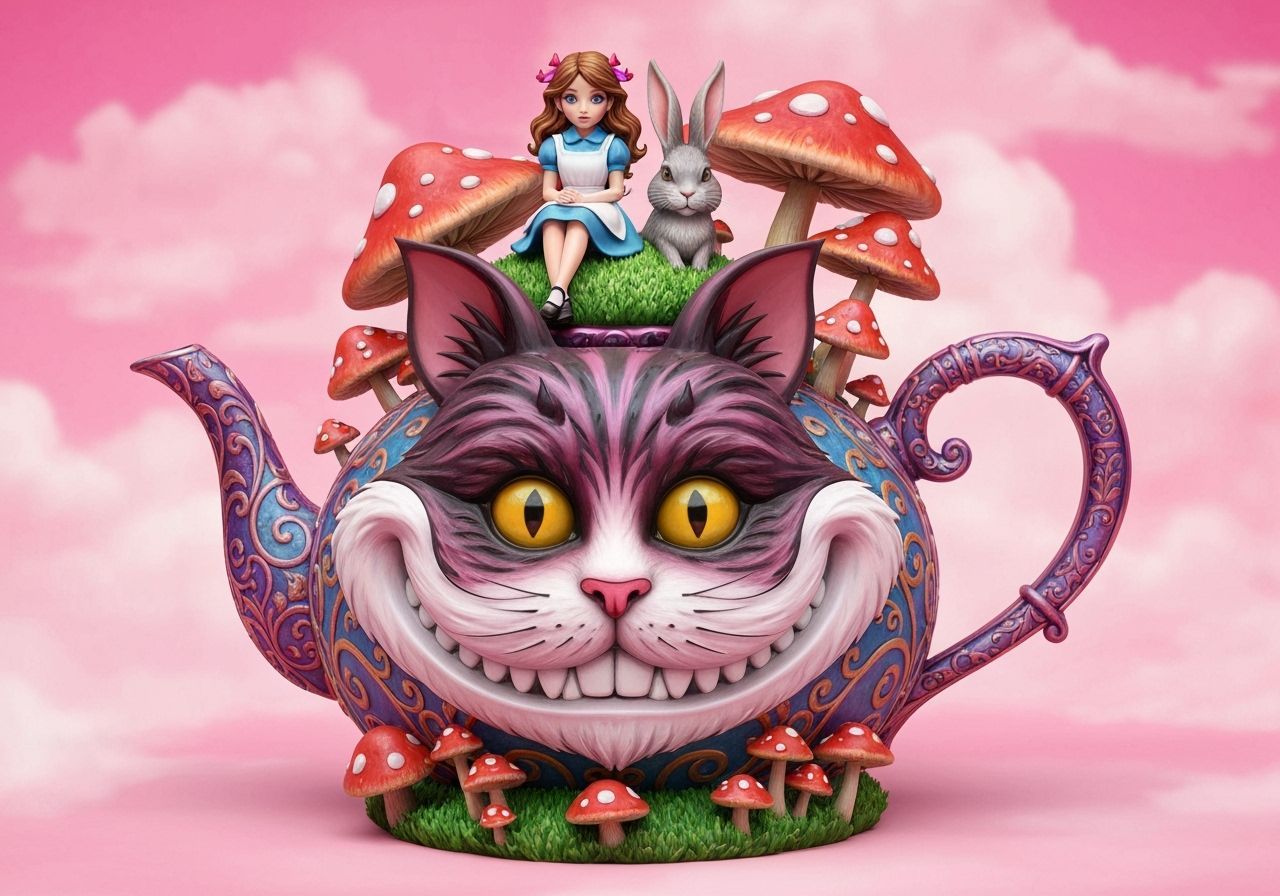 Whimsical Fantasy Teapot with Alice Characters in Pink Sky