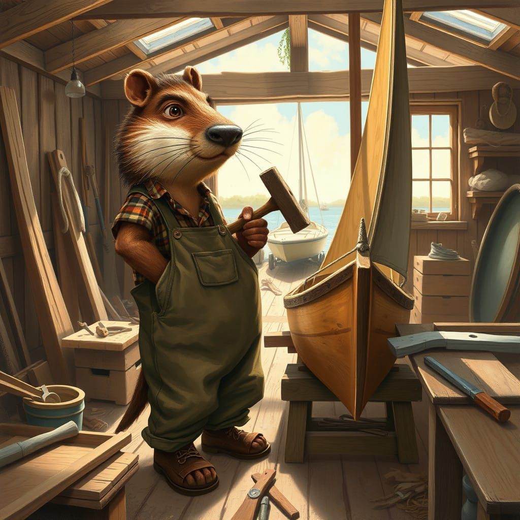 Vibrant Folk Art Gopher Crafts Sailboat in Rustic Workshop