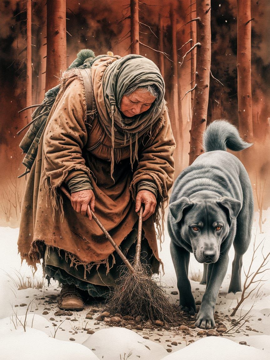 An Ancient Herbalist Walks Through the Snowy Forest of Yakut...