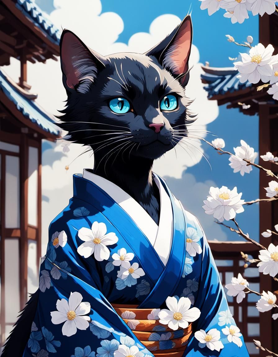 Anime Cat Girl in Kimono, Cel-Shaded Style