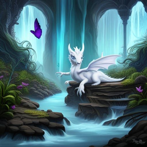 White Dragon in Ethereal Waterfall: Fantasy Art