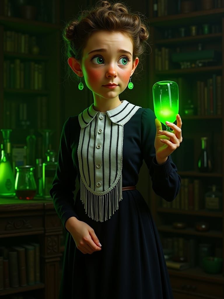 Madame Curie's Glowing Potion in Dimly Lit Apothecary