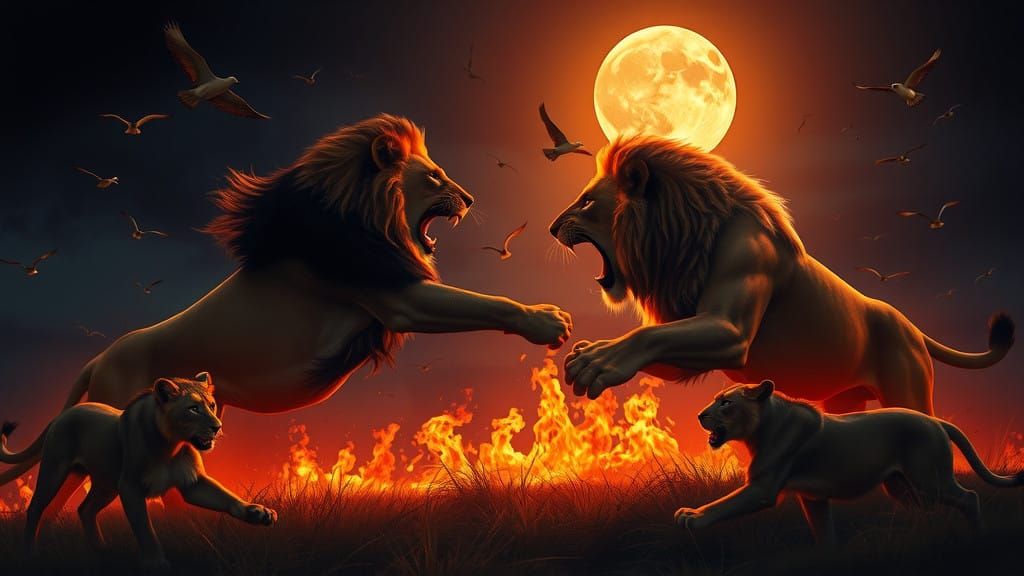 Majestic Lions Engaged in Epic Midnight Battle Under Full Mo...