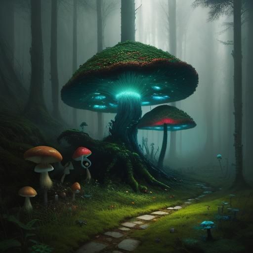 Mystical Forest with Colorful Mushrooms