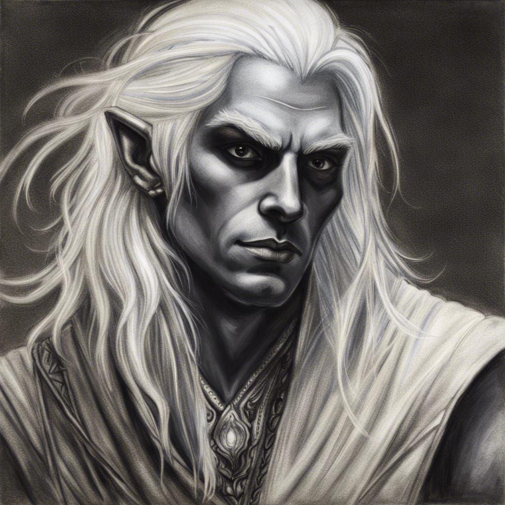 Hyperdetailed Charcoal Drawing of a Male Drow