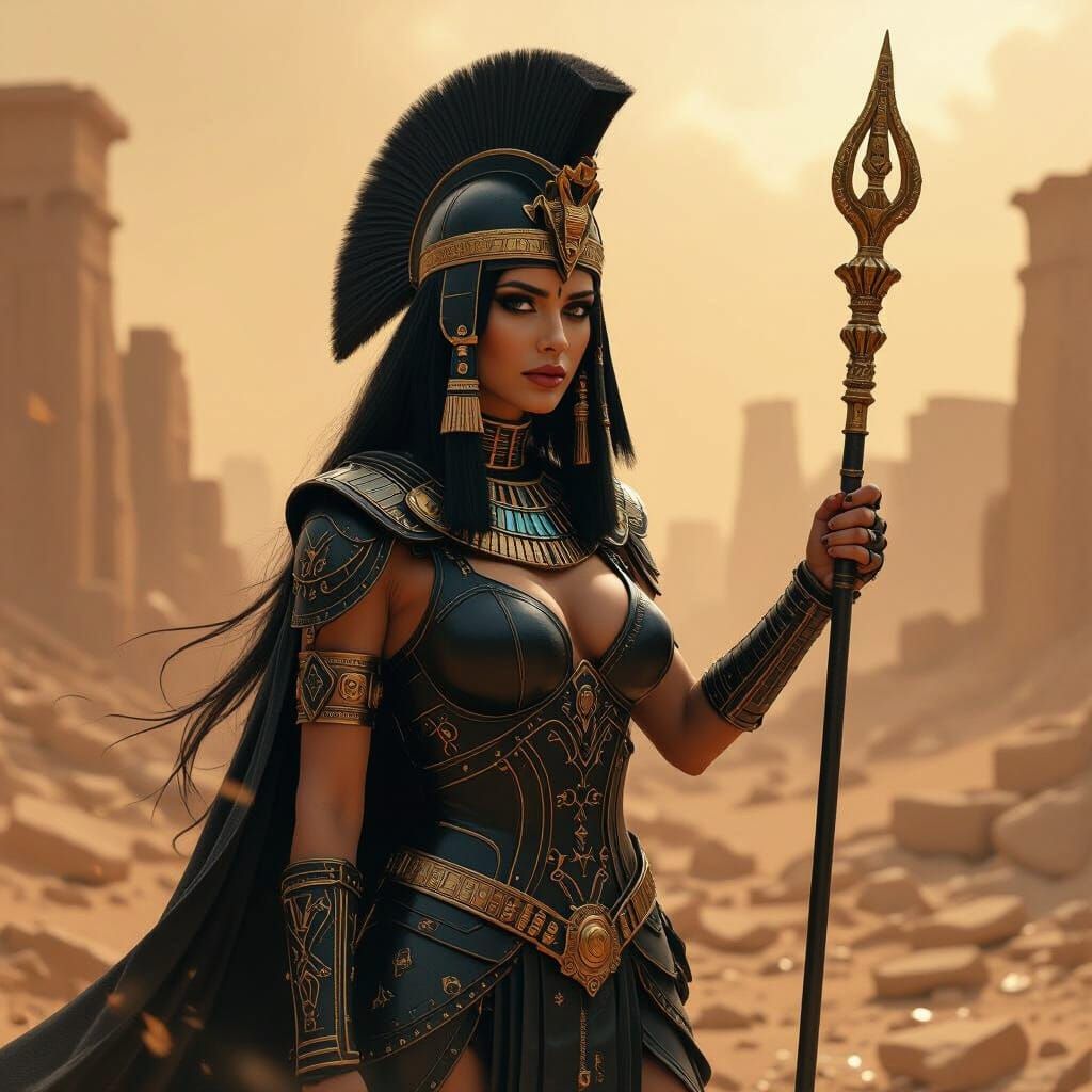 Egyptian Queen in Leather Armor Amidst Ruins