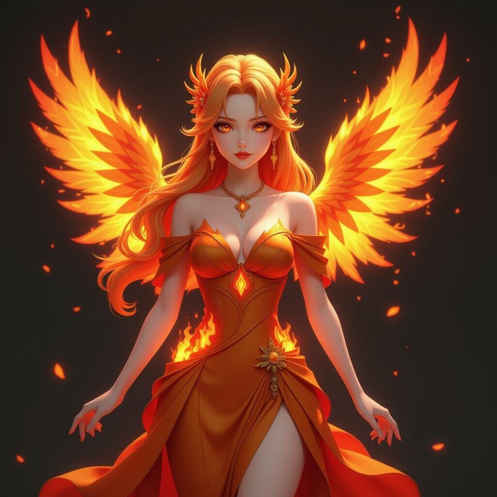 Fantasy Woman with Fire Wings in 3D Anime Style