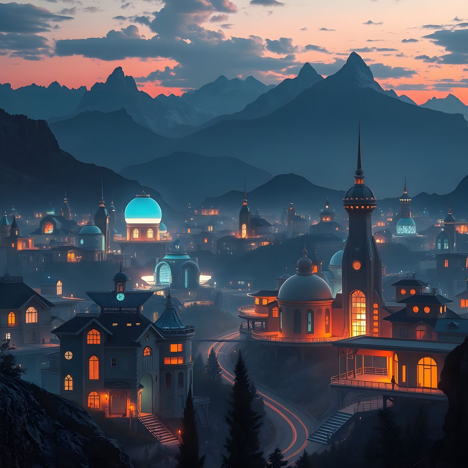 Mystical Futuristic City Amidst Mountains