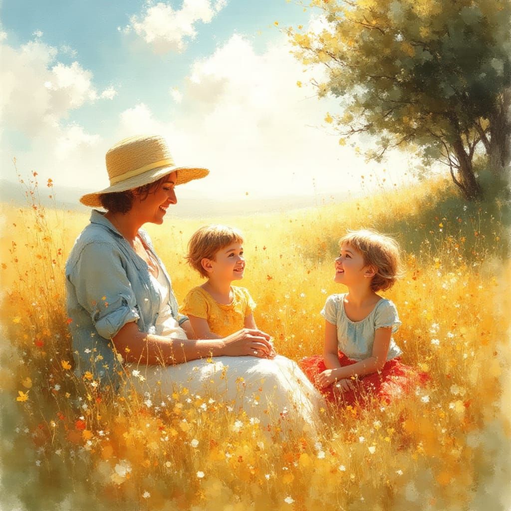 Grandmother and Grandchildren in Sunlit Watercolour Field