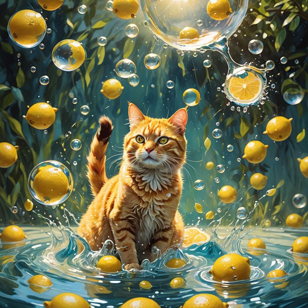 Yellow Cat in Lemon Bubble: Whimsical Concept Art