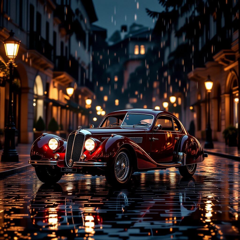 Red Alfa Romeo 8C 2900 Touring in Rainy Italian Night