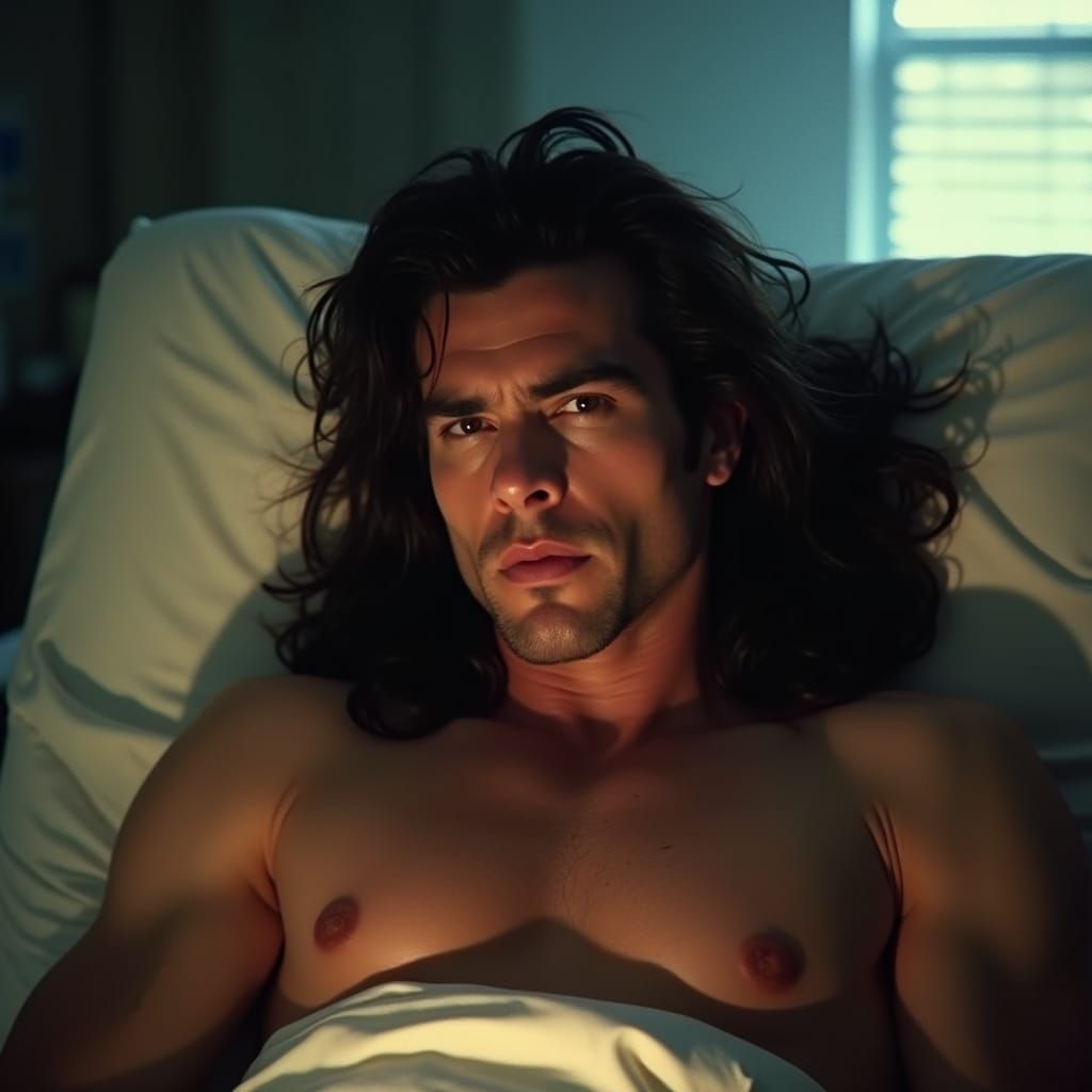 90s Rockstar in Hospital Bed: Cinematic Film Still