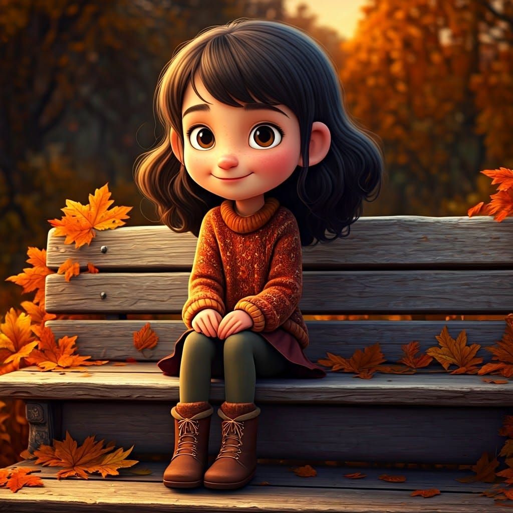 Brunette Girl on Bench in Autumn, 3D Digital Art