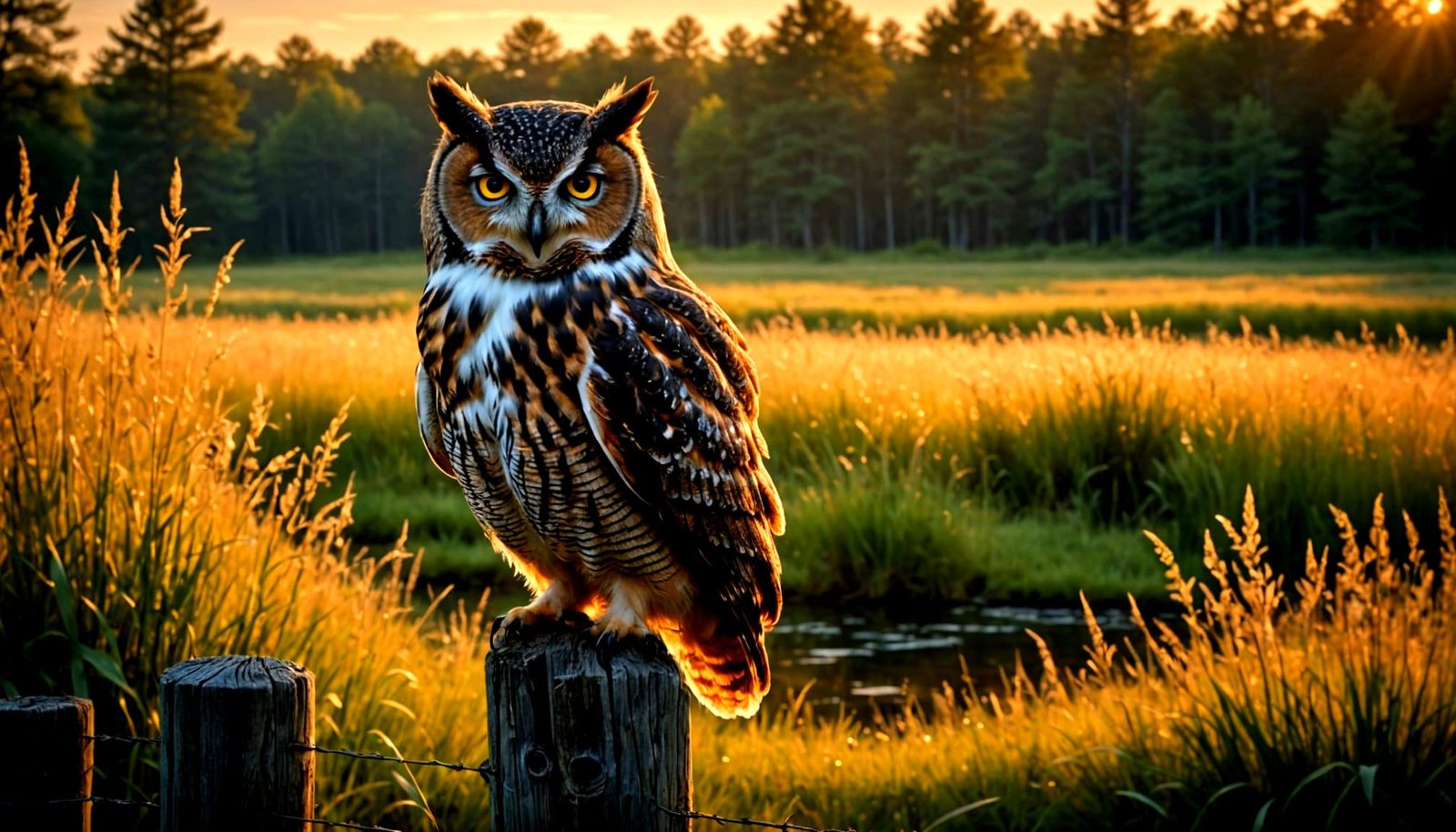 Majestic Owl in Golden Hour Meadow, Painterly Realism