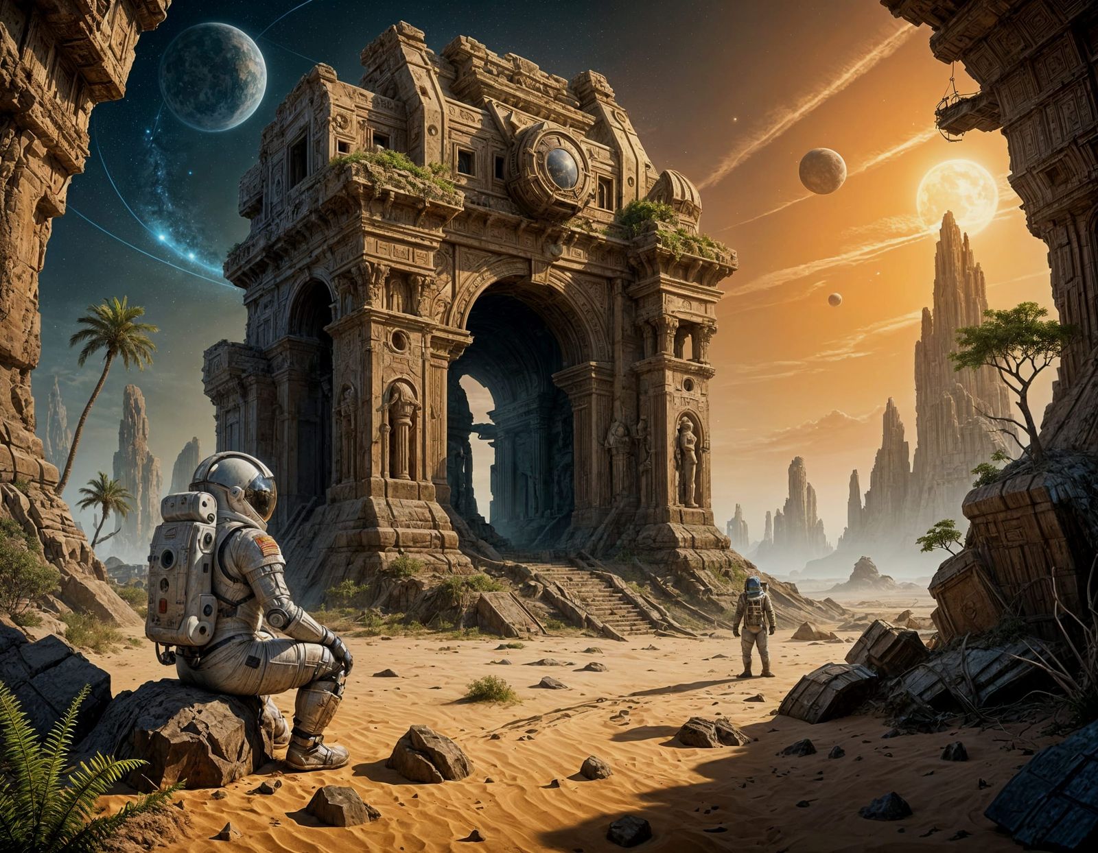 Astronaut Discovering Ancient Ruins on Alien Planet