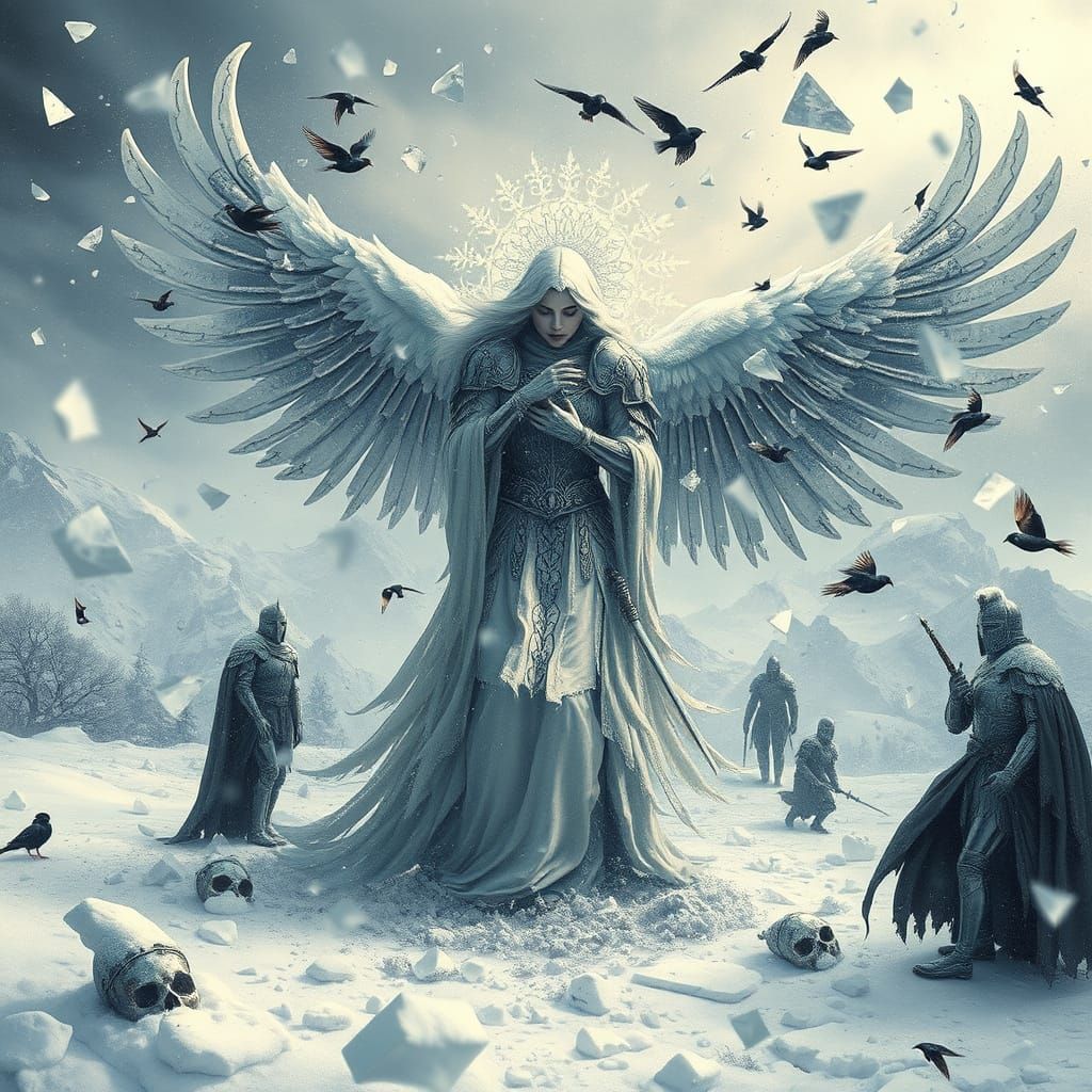 Frozen Angel Amidst Broken Mirrors in Winter Kingdom