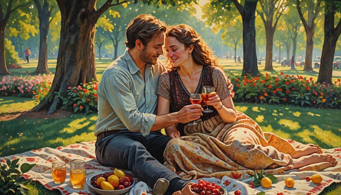 Romantic Couple in Park, Impressionist Painting