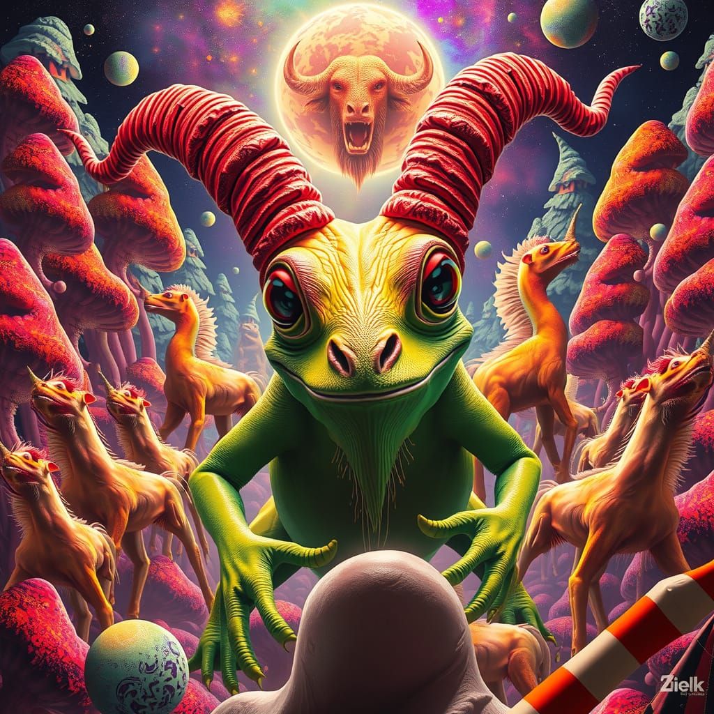 Psychedelic Wizard Lizard-Goat with Cosmic Forest