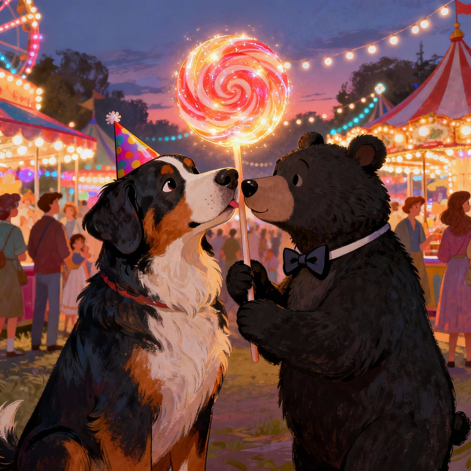 Bernese Mountain Dog and Bear on Fun Fair Date