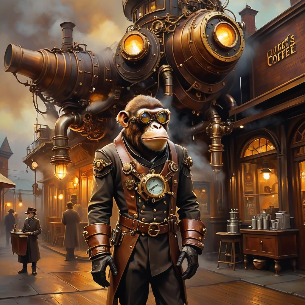 Steampunk Ape near Coffee Shop in Victorian Style